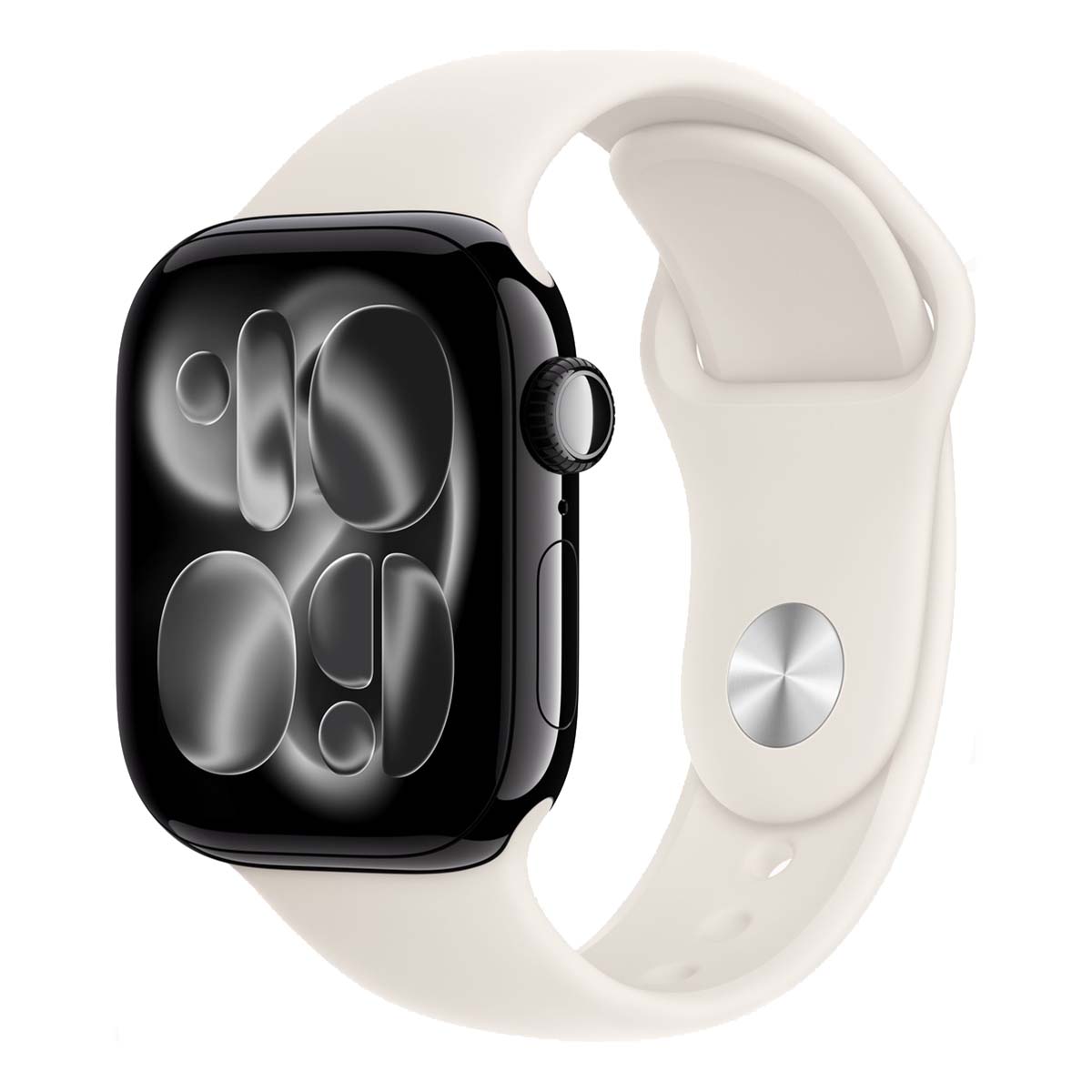 Apple Watch Series 11, 46 мм корпус из алюминия цвета «Jet Black», ремешок Sport Band цвета «Starlight»